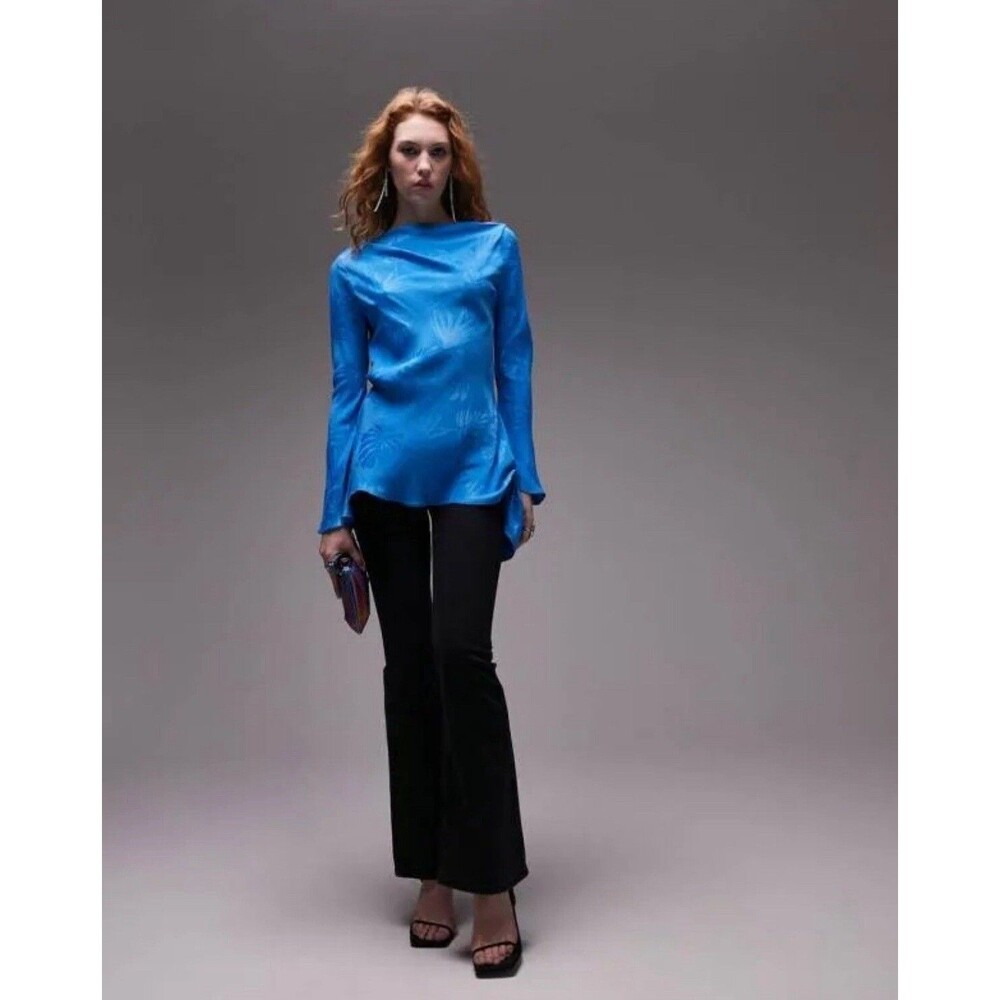 Top Shop Leaf Jacquard Tie Hem Satin Blouse Blue Tropical Print Women’s Size 8
